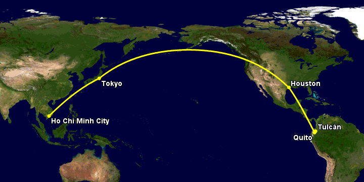 Bay từ Sài Gòn đến Tulcan qua Tokyo, Houston, Quito