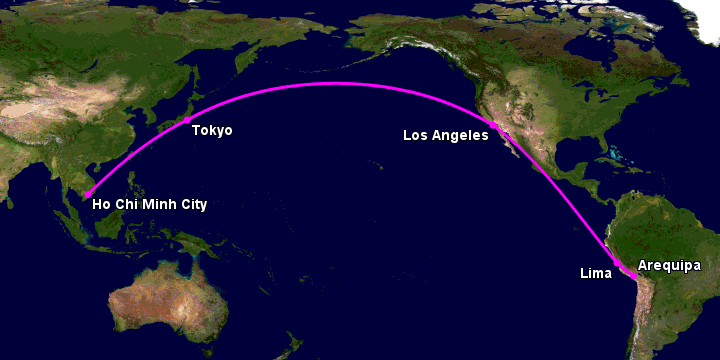 Bay từ Sài Gòn đến Arequipa qua Tokyo, Los Angeles, Lima