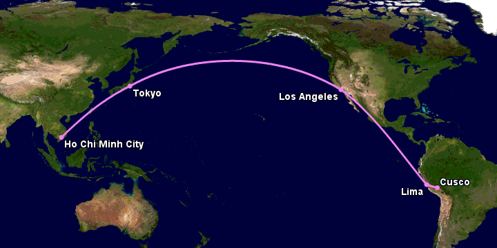 Bay từ Sài Gòn đến Cuzco qua Tokyo, Los Angeles, Lima