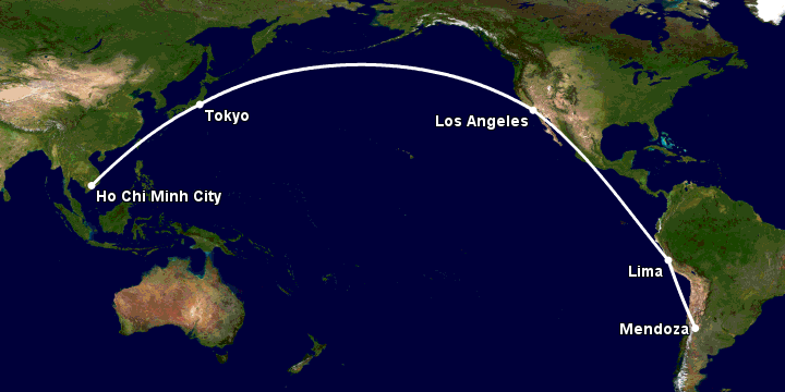 Bay từ Sài Gòn đến Mendoza qua Tokyo, Los Angeles, Lima