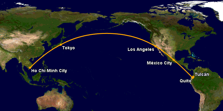 Bay từ Sài Gòn đến Tulcan qua Tokyo, Los Angeles, Mexico City, Quito
