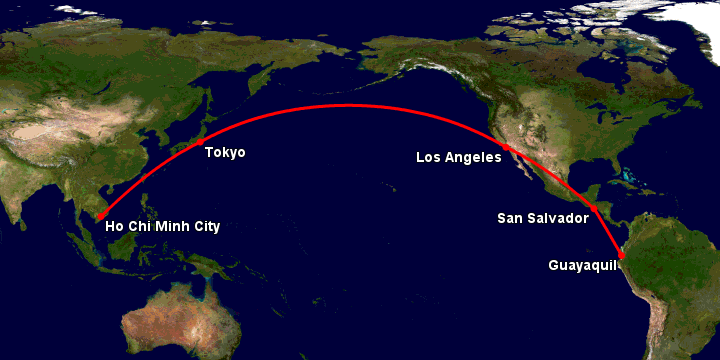 Bay từ Sài Gòn đến Guayaquil qua Tokyo, Los Angeles, San Salvador
