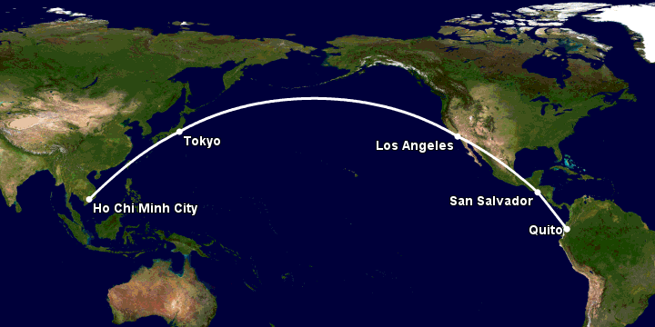 Bay từ Sài Gòn đến Quito qua Tokyo, Los Angeles, San Salvador