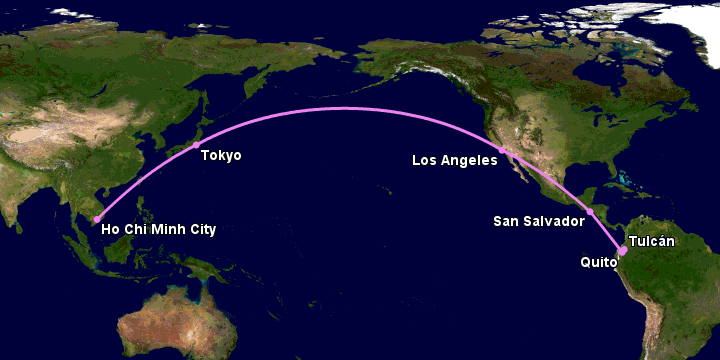 Bay từ Sài Gòn đến Tulcan qua Tokyo, Los Angeles, San Salvador, Quito