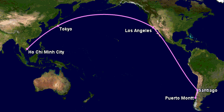 Bay từ Sài Gòn đến Puerto Montt qua Tokyo, Los Angeles, Santiago