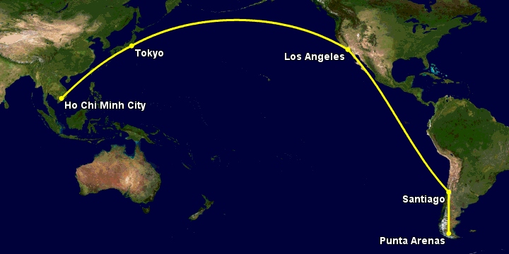 Bay từ Sài Gòn đến Punta Arenas qua Tokyo, Los Angeles, Santiago