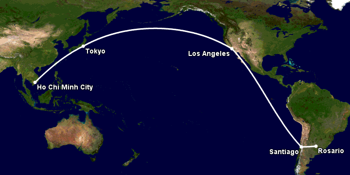 Bay từ Sài Gòn đến Rosario qua Tokyo, Los Angeles, Santiago