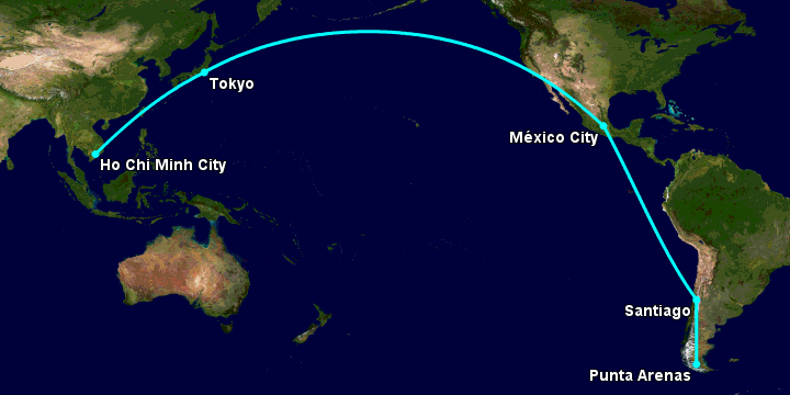 Bay từ Sài Gòn đến Punta Arenas qua Tokyo, Mexico City, Santiago