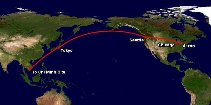 Bay từ Sài Gòn đến Akron Canton qua Tokyo, Seattle, Chicago