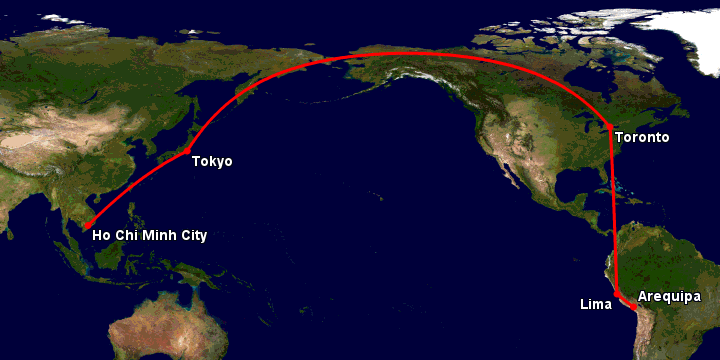 Bay từ Sài Gòn đến Arequipa qua Tokyo, Toronto, Lima