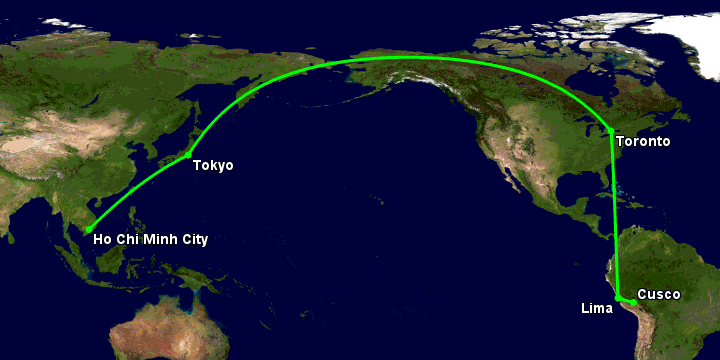 Bay từ Sài Gòn đến Cuzco qua Tokyo, Toronto, Lima